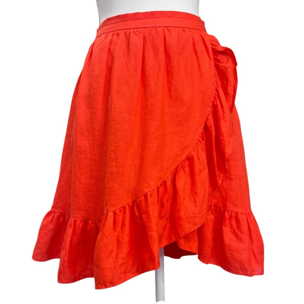 J.Crew Red Linen Wrap Skirt Ruffle Hem Size 8 Summer Resort - Picture 2 of 8